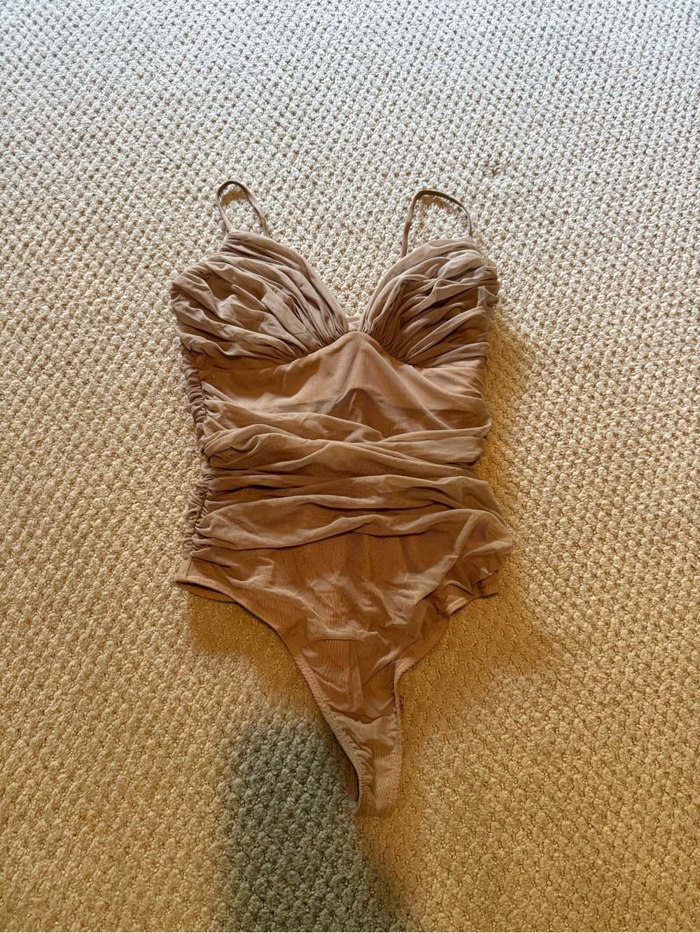 Babaton Mesh Taupe Ruched V-neck Bodysuit - Size S